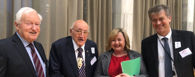 Sir Jim Bolger, Tā Tipene O’Regan, Hon Megan Woods and Mike Fuge (Contact Energy CEO) at Parliament Buildings yesterday.