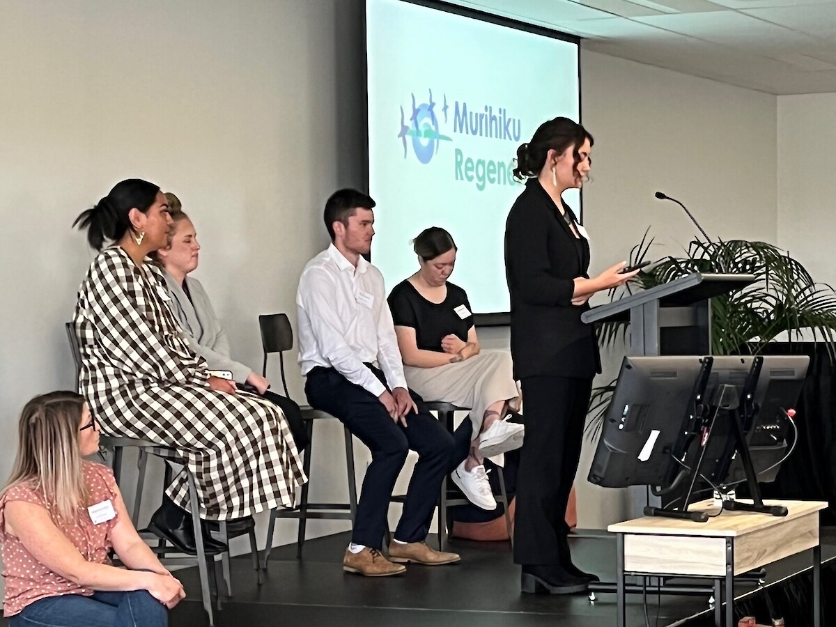 Mya Kairau speaking at the Science and Innovation Wānanga. Also pictured (left to right) Whaea Stevie-Rae Blair, Nola Cassidy, Angelia Skerrett, Jacob Taare and Destiny Naunau