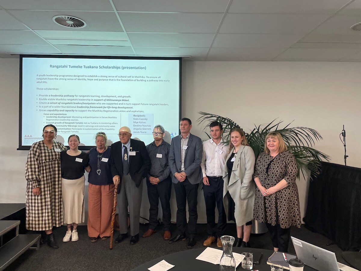 Left to right: Nola Cassidy, Destiny Naunau, Whaea Steph Blair, Tā Tipene O’Regan, Dean Whaanga, Ivan Hodgetts, Jacob Taare, Angelia Skerrett, Hon Megan Woods. Absent from photo: Mya Kairau.