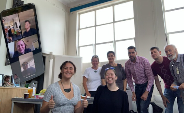 Rangatahi on screen: Jacob Taare (top); Angelia Skerrett (middle); Nola Cassidy (bottom). Main photo (front): Rangatahi Mya Kairau and Destiny Naunau. Back row (left to right): Steph Blair, Hana O’Regan, Dr Michael Stevens, Ivan Hodgetts and Michael Skerrett.