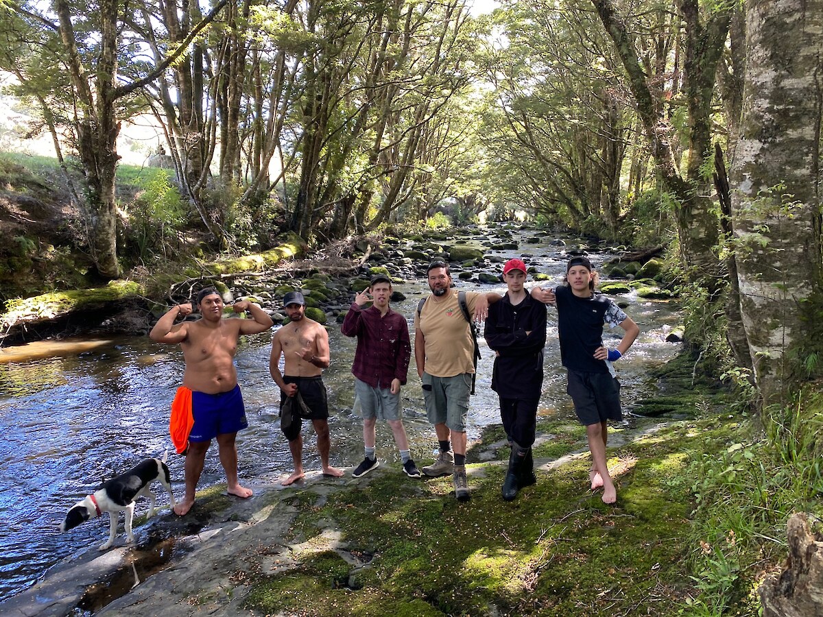 Welcome to Pekapeka camp in Tawanui (left to right) Moi Parata (Kurī), Kaloni Taylor, Raniera Smyth, Josiah Kawana, Riki Parata, Josh Aitken and Sentre Harden.