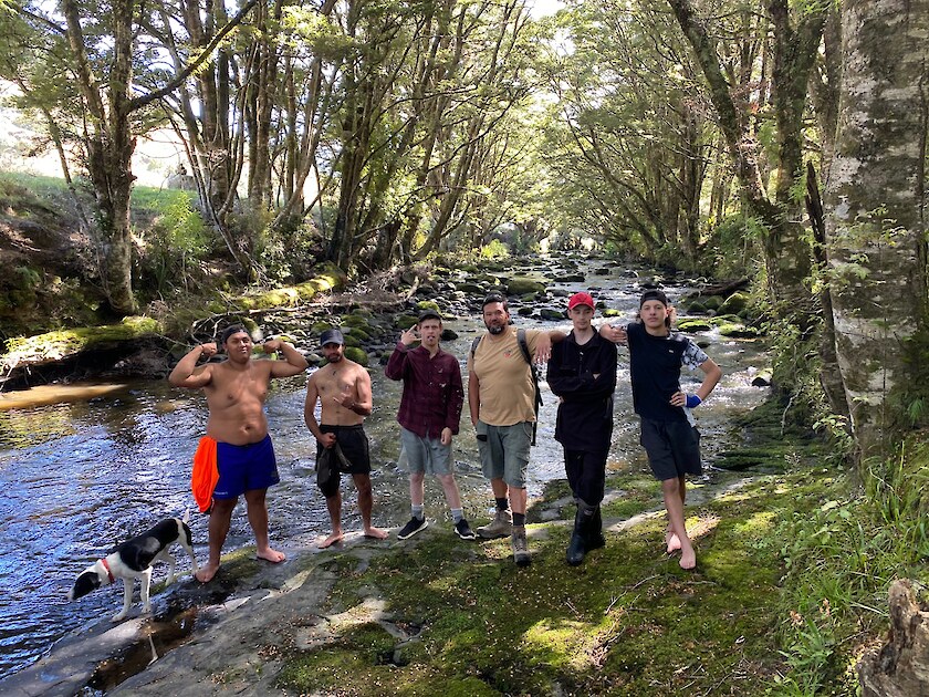 Welcome to Pekapeka camp in Tawanui (left to right) Moi Parata (Kurī), Kaloni Taylor, Raniera Smyth, Josiah Kawana, Riki Parata, Josh Aitken and Sentre Harden.