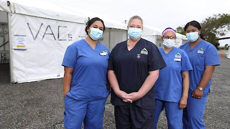 February 2022: Awarua Whānau Services have created 20 new jobs through its vaccination and swabbing program. Pictured at the Newfield Tavern vaccination and Covid-19 testing station from left, Ella Williams-Teni, Registered Nurse Christine McLean, Vanessa Worthen, and Reha Salesa-Henry.