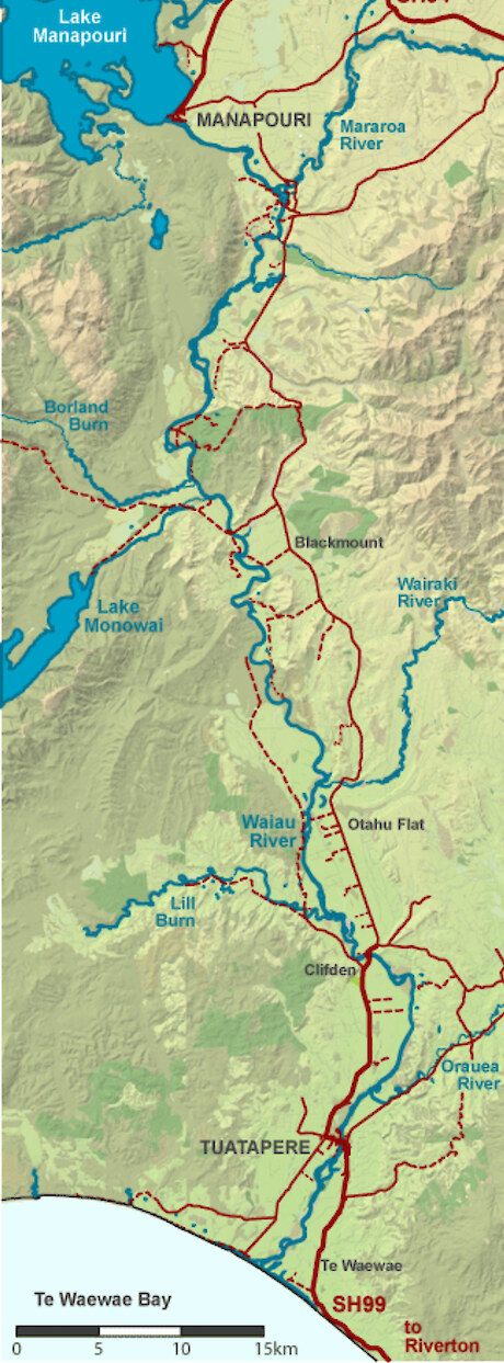Map showing Waiau River - flowing from Lake Manapōuri to the coast (source: NZ Fishing).