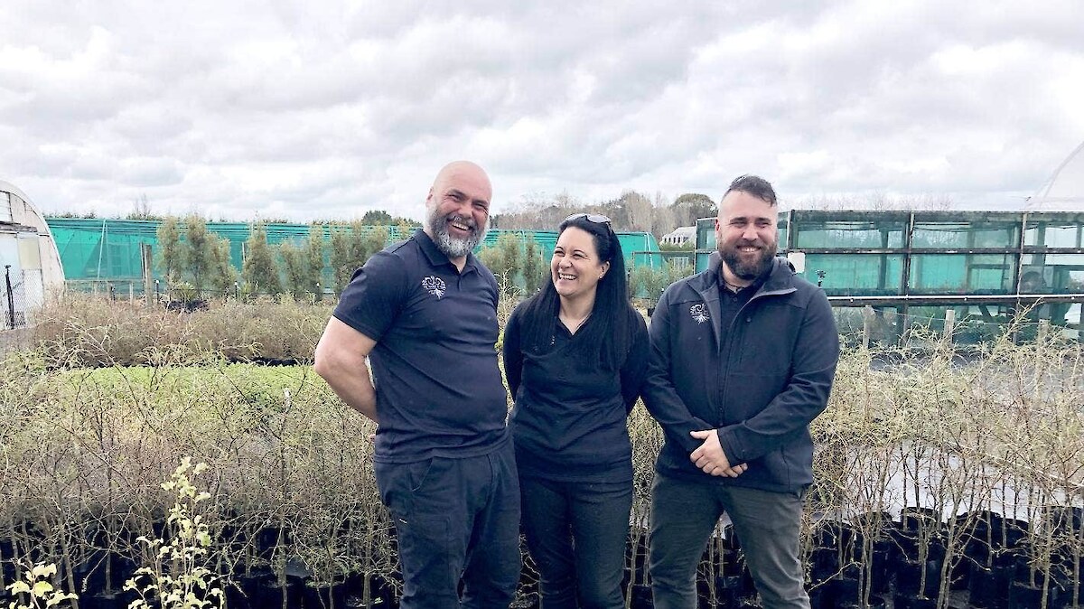 Te Tapu o Tāne Pou Whakahaere Phil Moeke, left, Kaiwhakahaere Mahi Ashleigh Taomia, and Pou Tūraka Jana Davis hope to be growing five million native plants in the next five to 10 years.