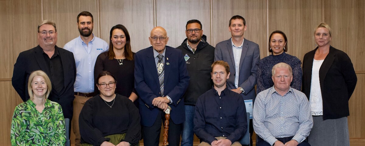 Leadership Programme Attendees. Back row L-R: Stephen Sanders; Elliott Mitchell; Trinity McMahon; Tā Tipene O’Regan; Riki Parata; Ivan Hodgetts; Aimee Kaio; Anna Huffstutler. Front row L-R: Jo Fitzgerald; Genevieve Obbeek; Cameron Stevens; Mike Shatford.