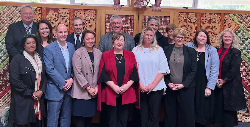 Photo Back row l-r: Rino Tirikatene (MP for Te Tai Tonga); Trinity McMahon (MSD); Dean Ford (MBIE); Terry Nicholas (Murihiku Regeneration); Richard Kyte (Thriving Southland); Clare Hadley (ICC). Front row l-r: Chami Abeysinghe (Great South); Neil McAra (Co-chair JT eOG); Aimee Kaio (Co-chair JT eOG); Hon Dr Megan Woods (Minister); Anna Huffstutler (E tū); Jackie Flutey (Community Trust South); Steph Voight (MSD); Liz Craig (Labour MP).