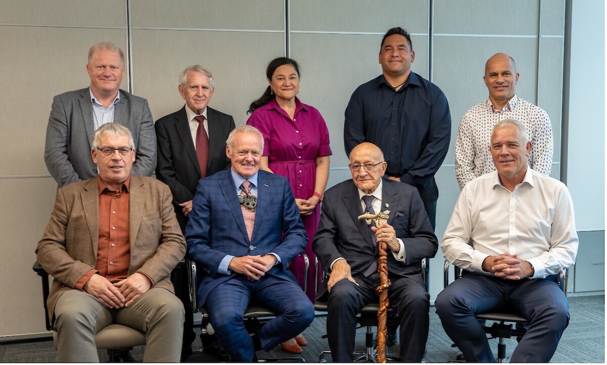 Pictured left to right, front row Terry Nicholas (Ngāi Tahu), Mark Cairns (Meridian), Tā Tipene O’Regan (Ngāi Tahu), Neal Barclay (Meridian). Back row Mike Shatford, David Stock, Arihia Bennett (Ngāi Tahu), André Konia (Meridian), Guy Waipara (Meridian).