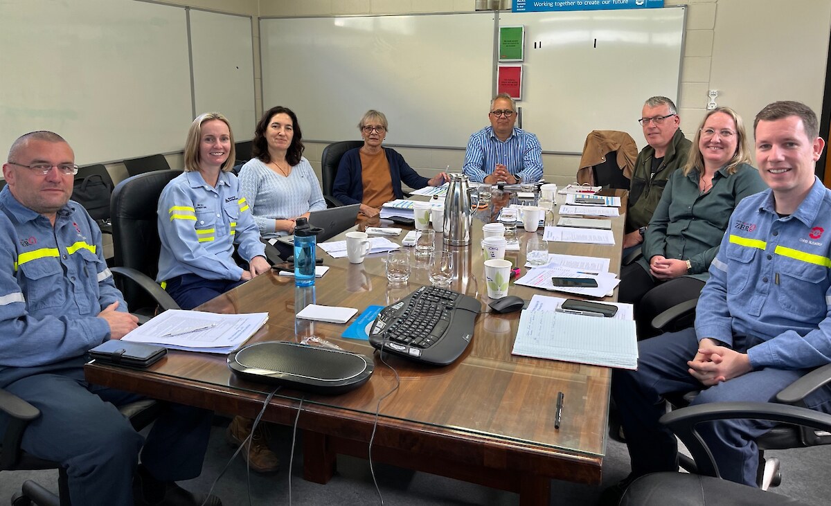 Tiwai Advisory Group members left to right: Dion Williams (NZAS Community and Social Performance Manager); Nicole Atherton (Rio Tinto Aluminium Closure Readiness General Manager); Jacqui Caine (Awarua representative and General Manager of Te Whakaariki Strategy and Influence team at Te Rūnanga o Ngāi Tahu ); Gail Thompson (Awarua representative); Barry Bragg – Chair; Terry Nicholas (Awarua representative and Murihiku Regeneration Portfolio Director); Megan Reid (Awarua Working Group Project Manager); Chris Blenkiron (NZAS General Manager and CE).