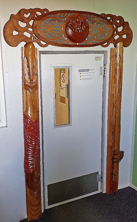 This Waharoa depicting the Ross Sea was carved by Poutama Hetaraka (Whāngarei, Ngāti Wai, Ngāi Tahu) and James York (Colac Bay, Ngāi Tahu, Ngā Puhi) in Antarctica.