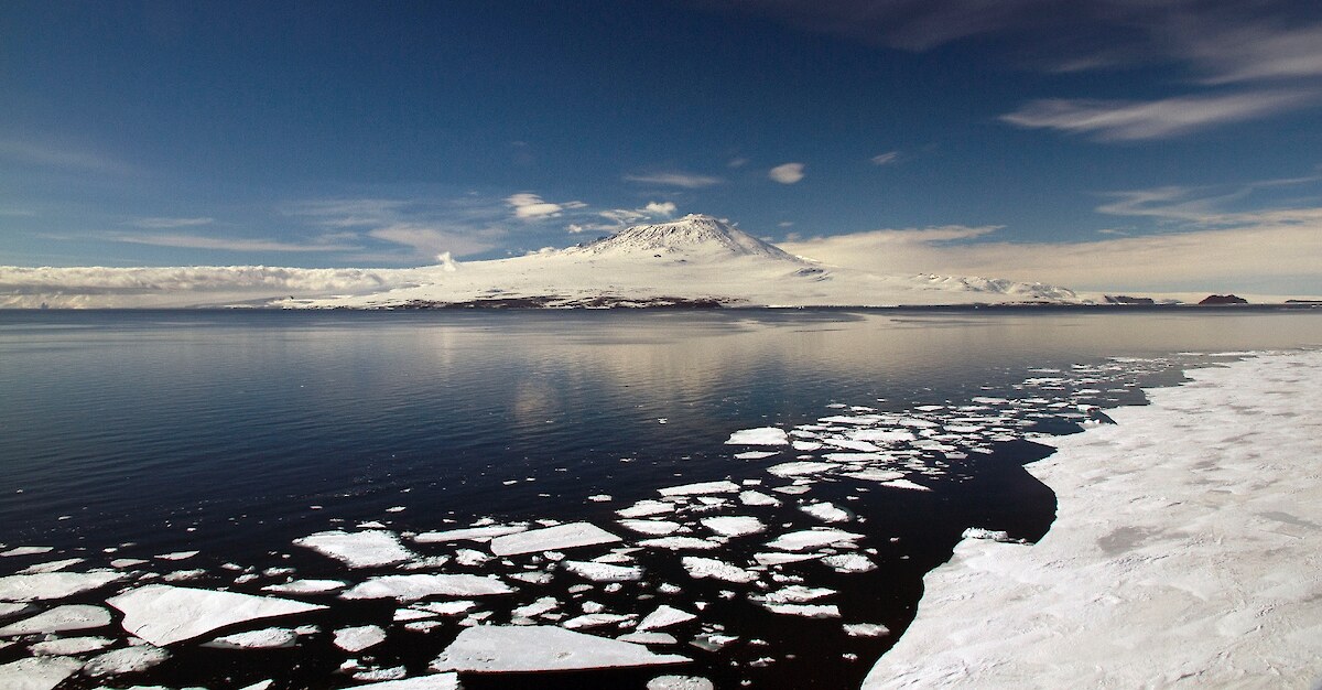 View towards Mount Erebus and sea ice.