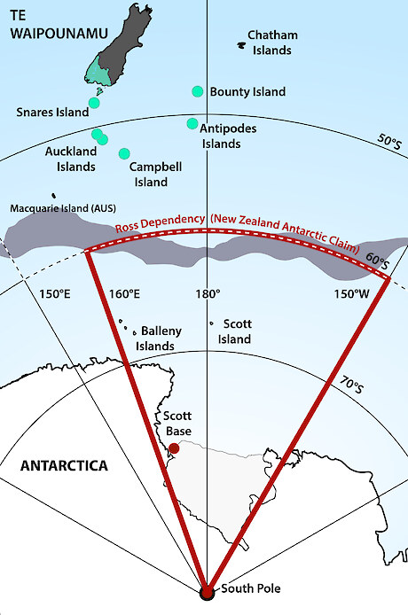 The Ross Sea Sector (160°E to 150°W). Shown are the Subantarctic Islands (green dots), Antarctic Convergence (grey shading), Ross Dependency (red line), and CCAMLR Convention Area (white dash) in relation to Murihiku.