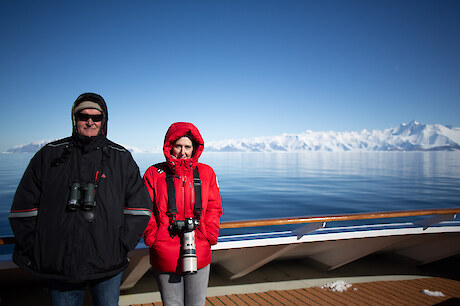 Programme Director Riki Nicholas and Science Advisor Dr Regina Eisert on expedition in the Ross Sea, Antarctica. Photo: C. Aitchison