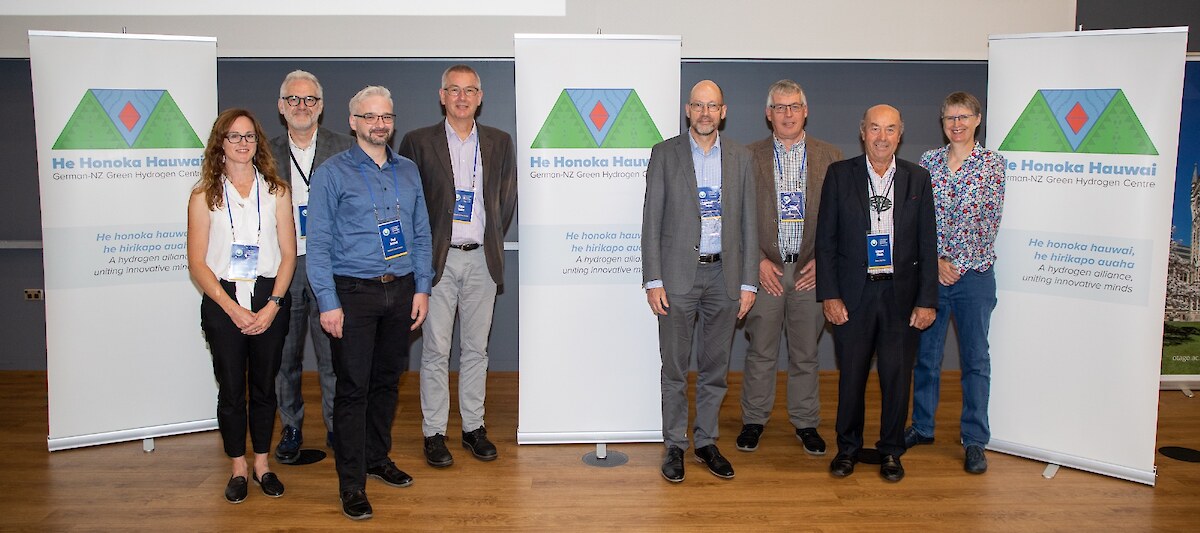 From left to right: Prof Anna Garden (University of Otago), Prof David Murdoch (Vice-Chancellor of the University of Otago), Dr Paul Jerabek (Helmholtz-Zentrum Hereon), Dr Klaus Taube (Helmholtz-Zentrum Hereon), Dr Michael Feiner (German Deputy Ambassador to NZ), Terry Nicholas (Ngāi Tahu), Edward Ellison (Ngāi Tahu), Prof Sally Brooker (University of Otago). Photo: Sharron Bennett.