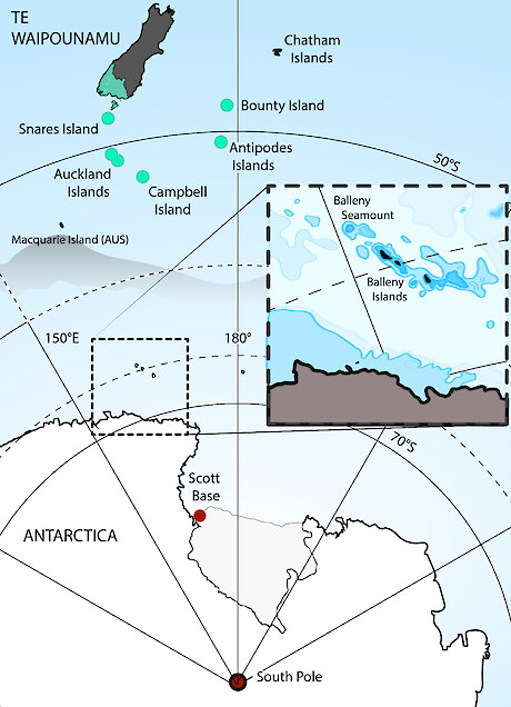 The Balleny Seamount in relation to the Balleny Islands and the Antarctic Continent. © Dr Regina Eisert.