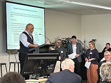 Image from 2021 Science and Innovation Wānanga of Ra Dallas introducing the event.