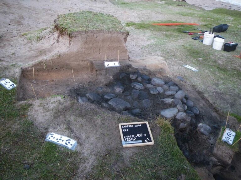Te Umu Tawhito salvage excavation at Sandy Bay showing the marker points used for the 3D mapping of the positions of the hangi stones. Photograph: T. Ladefoged.