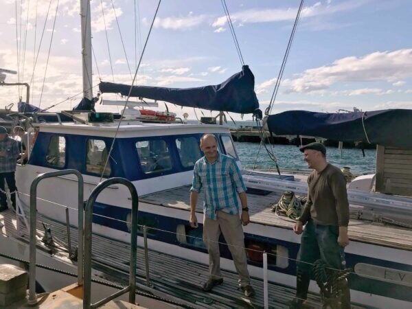 Dr Gerard O’Regan and Dr Matiu Prebble on board the Evohe before departure at Bluff. Photograph: A. Duks