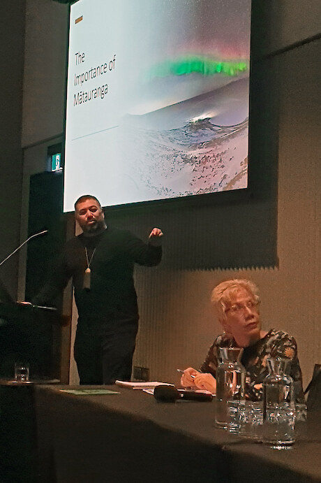 Tane Karepa (DOC) speaks about the importance of mātauranga in a session chaired by Prof Sandy Morrison (University of Waikato)