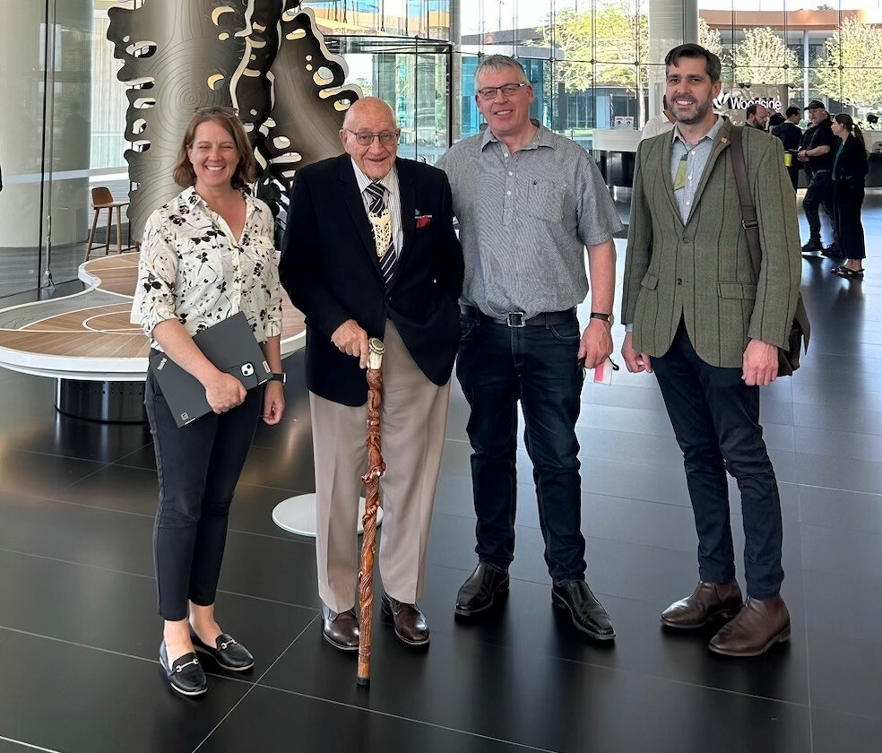 L-R: Catherine Rawsthorne, Project Manager, Woodside Energy, Tā Tipene, Terry Nicholas, and Mike Stevens arrive at Woodside’s headquarters.