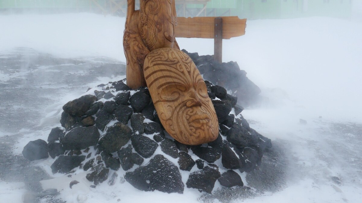 Image taken by Anthony Powell at Scott Base of the Pouwhenua at the entrance of Scott Base