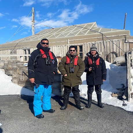 Riki Parata, Karlee Nicholas, and Luka Finn of Ngāi Tahu in front of Shackleton’s hut at Cape Royds in Antarctica - Photo Credit Hokonui Rūnanga.