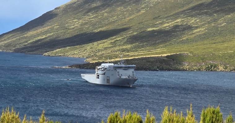 HMNZS Canterbury anchored in Perseverance Harbour, Campbell Island—the logistical base for the operation. Photo by Hokonui Rūnanga