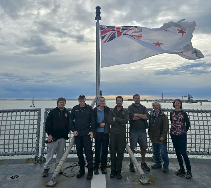 The Ngāi Tahu team aboard HMNZS Canterbury (left to right): Ali Harrison, LTCDR Nigel Finnerty (Navy), Brian Rance, Vincient Leith, Riki Parata, Tony Leith, Vanessa Horwell. Photo by Hokonui Rūnanga